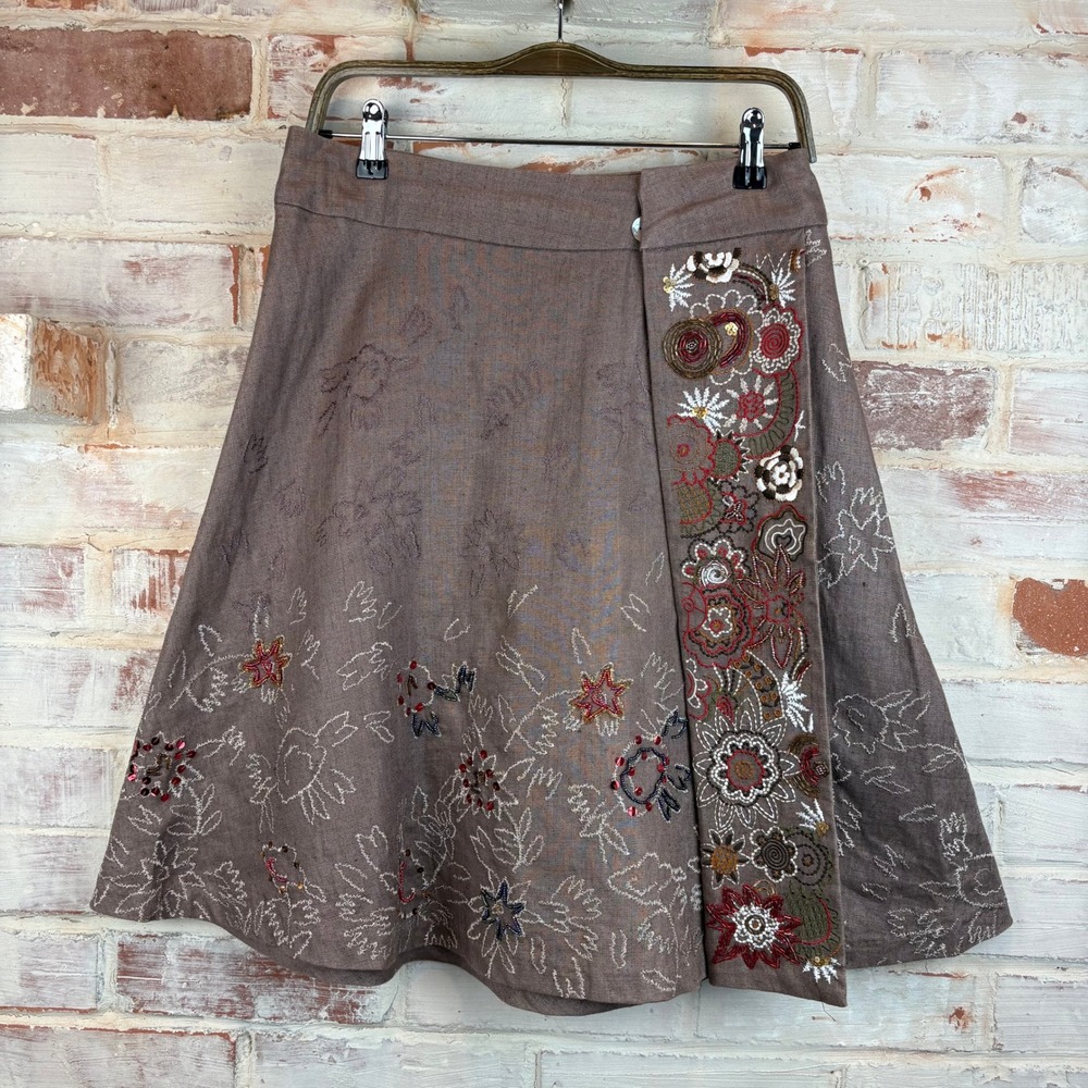 Sugar Lips Embroidered Beaded Linen Wrap Skirt Size 8 Boho